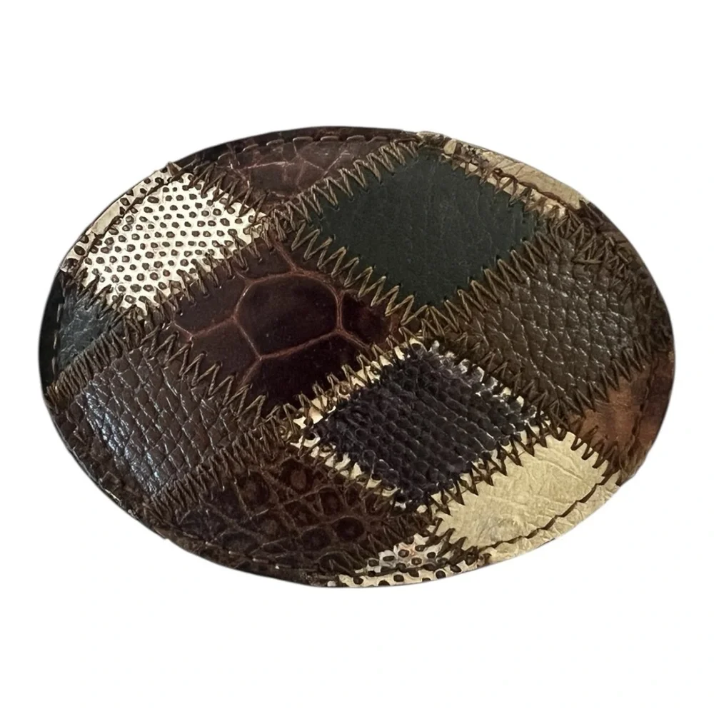 Belt buckle Patchwork leather large oval 3 “wide unisex bohemian western